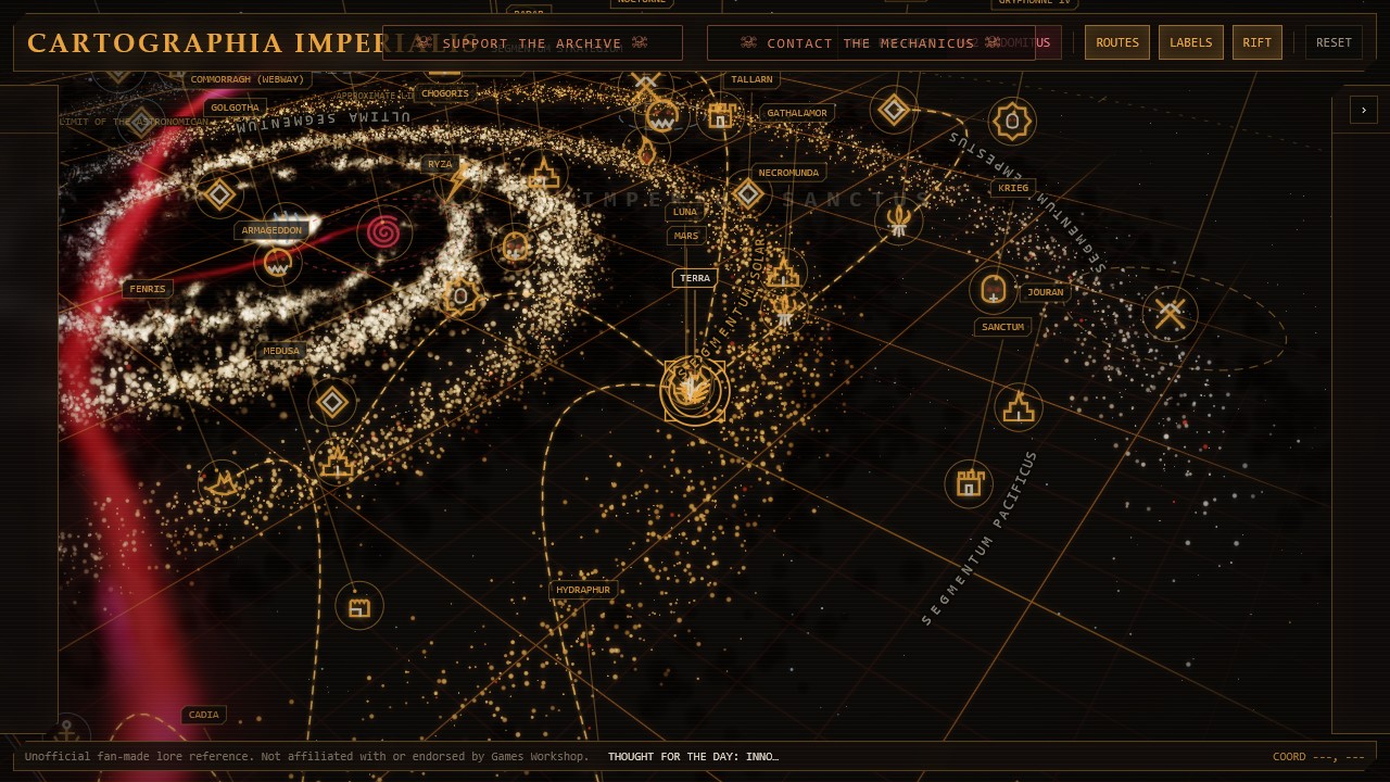 M42 Warhammer 40K galaxy map with the red Great Rift dividing Imperial space and world markers across the segmenta