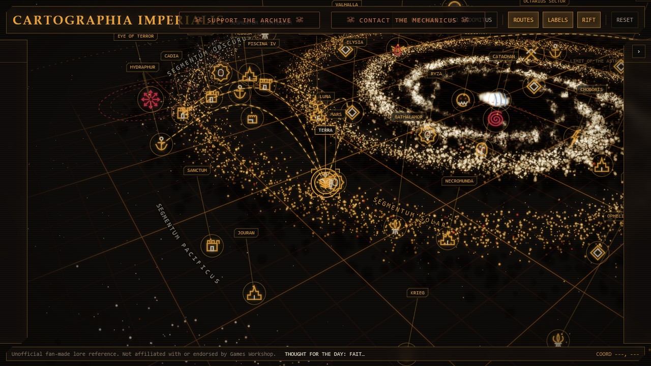 Pre-Rift M41 Warhammer 40K galaxy map showing Terra, Cadia, the segmenta, world markers, and navigation routes
