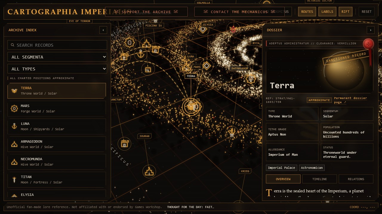 Cartographia Imperialis Warhammer 40K galaxy map showing Terra, nearby worlds, routes, and the world dossier interface